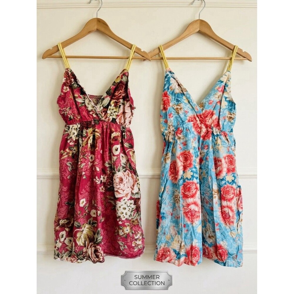 Set of 2 Floral Cami Mini Sun Dresses Beach Cover Up Pre Owned Size XS To S